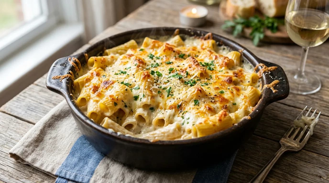 Oven-Baked Cheesy Alfredo Pasta